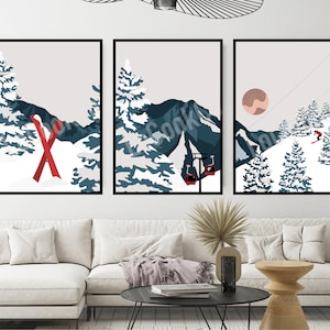 Day Break Ski Retro Travel Posters - Set of 3 - Vintage Poster Prints - Decor - Gift - Also Available in Sundown/Night, See Other Listing