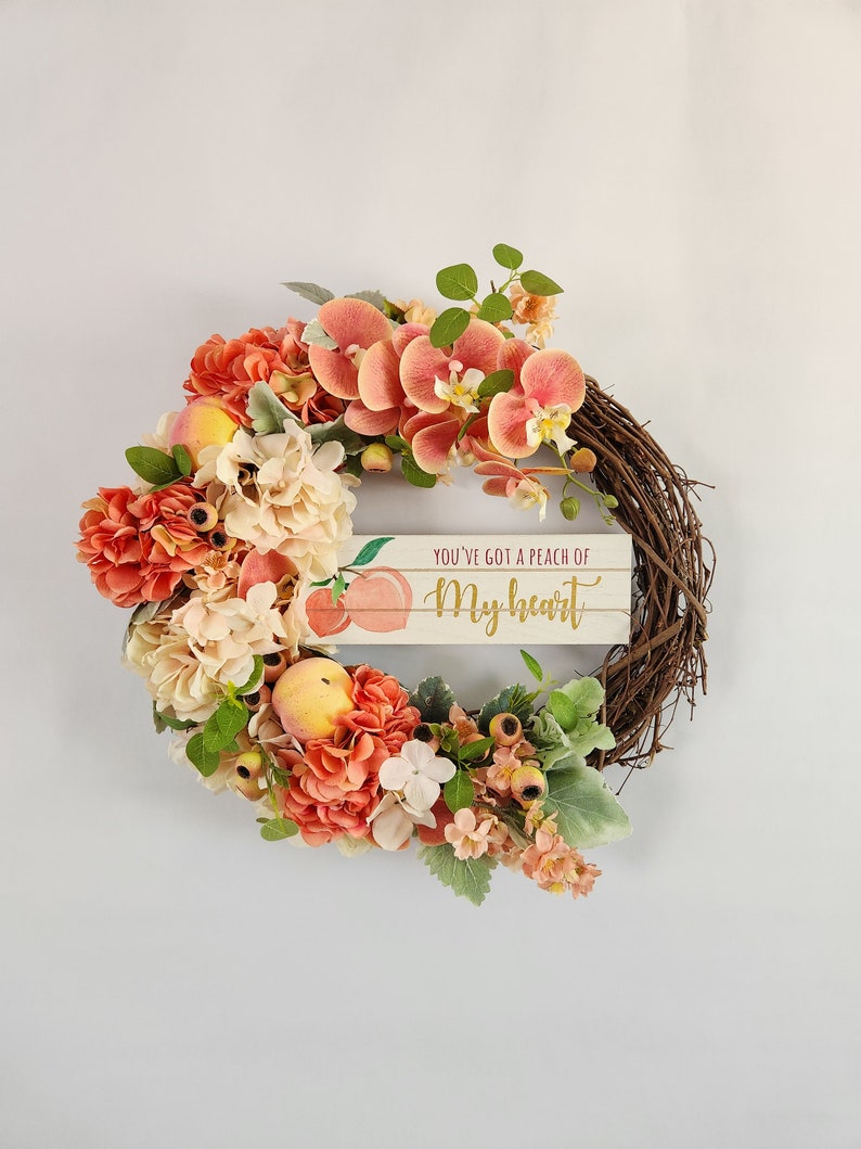 Summer Wreath Peach and Cream Hydrangea Wreath Peaches Wreath Fruit Wreath Orchid Wreath Wreath for Front Door image 1