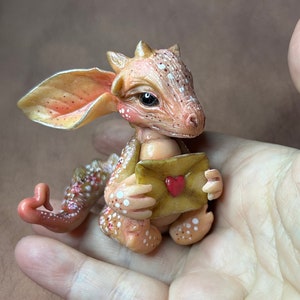 Peach Pink Lovely Dragon, Fantasy Creature, Handcrafted Polymer Clay Figurine, Fimo Creation OOAK, Handmade Decor