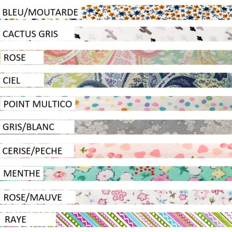 May include: A collection of fabric swatches with different patterns and colors, including blue and mustard, cactus gray, rose, sky blue, multi-colored dots, gray and white, pink and peach, mint green, rose and mauve, and striped.