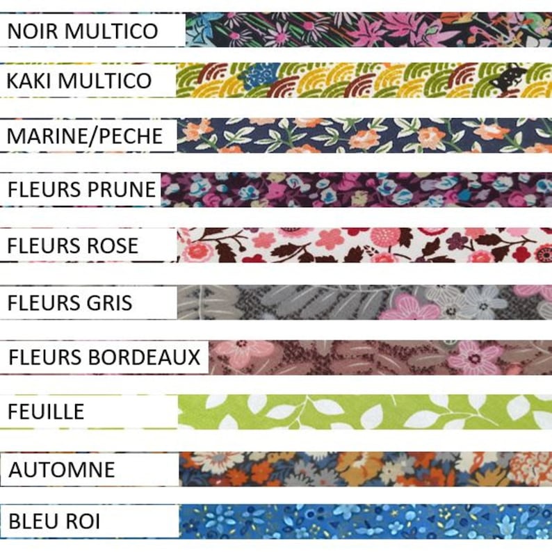 May include: A collection of fabric swatches with different patterns and colors, including black, green, blue, pink, and white. The swatches are labeled with names like "Noir Multico", "Kaki Multico", "Marine/Peche", "Fleurs Prune", "Fleurs Rose", "Fleurs Gris", "Fleurs Bordeaux", "Feuille", "Automne", and "Bleu Roi".