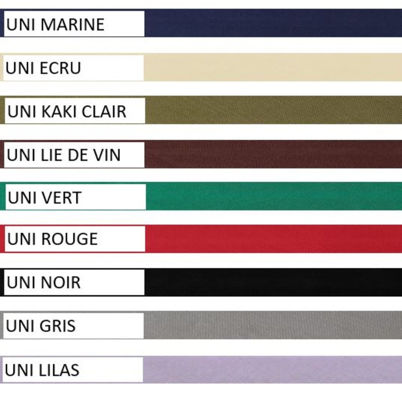May include: A color chart showing nine different fabric colors. The colors are: navy blue, beige, olive green, burgundy, teal, red, black, gray, and lilac.