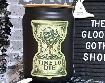 Black Glass Goth Jar with Skull Hourglass – ‘Time To Die’ Canister, Bamboo Lid, Creepy Kitchen Storage, Spooky Gift for Goths