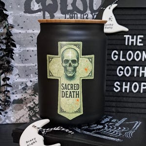 Gothic Skull Glass Jar with Bamboo Lid – Black Apothecary Storage, Witchy Kitchen Container, Witches Herb Jar, Sacred Death Potion Jar