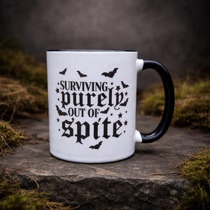 Surviving Purely Out of Spite" Ceramic Mug – Bat-Themed Gift Idea - witchy Mug - Quirky Gifts - Halloween Gift - Gothic decor