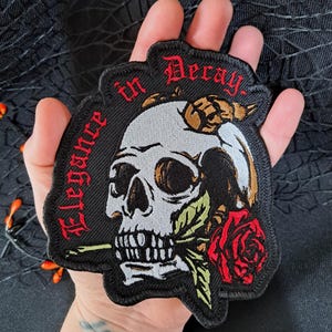 Gothic Skull Rose Embroidered Patch – Romantic Macabre Iron On Patch – Victorian Skull Patch with Rose – Punk Rock Biker Patch - Witchcore