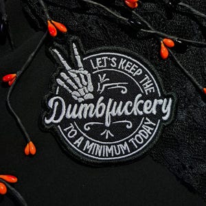 Let’s Keep the Dumbfuckery to a Minimum Patch | Sarcastic Iron-On Badge | Rude Gothic Embroidered Patch | Alternative Emo Grunge Vegan Patch