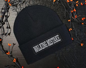 Walking Mistake Gothic Beanie – Black Cuffed Hat with Embroidered Slogan – Dark Alternative Winter Headwear - Emo Alt Gift Idea