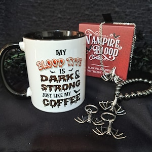 Vampire Gift Set | Gothic Coffee Mug, Bleeding Candle & Bat Jewellery | Dark Coffee Mug | Goth Jewellery Set