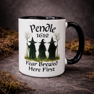 Pendle Witches Mug – Fear Brewed Here First – Witchy Gothic Coffee Cup – Witchy Gift – Two Tone 11oz – Gloomy Goth Shop