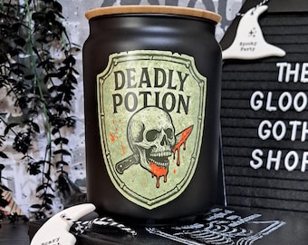 Deadly Potion Black Glass Canister with Lid – Gothic Halloween Jar, Spooky Kitchen Storage, Witchy Apothecary Decor, Gothic Gift