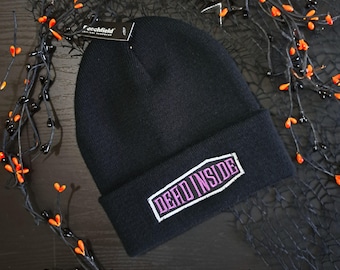 Dead Inside Coffin Beanie - Black Goth Beanie Hat - Embroidered Emo Winter Hat - Alt Grunge Aesthetic Streetwear - Unisex Halloween Gift -