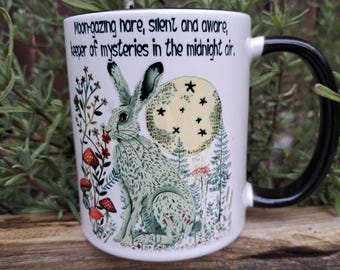 Moon-Gazing Hare Mug - Witchy Ceramic Mug - Whimsical Midnight Hare Gift Cup - Pagan Nature Mug - Mystical Forest Animal Mug - cottagecore