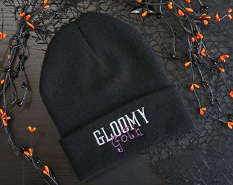 Goth Beanie - Gloomy Goth Embroidered Black Hat - Gothic Knit Winter Cap - Alternative Emo Grunge Aesthetic - Spooky Gift for Goths Alt Fans