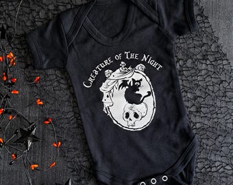 Creature of the Night Baby Vest – Goth Baby Clothes – Black Cat Baby Grow – Spooky Halloween Baby Outfit – Cute & Creepy Baby Shower Gift