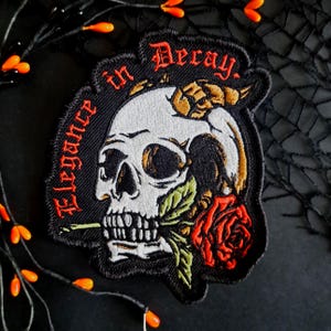 Gothic Skull Rose Embroidered Patch – Romantic Macabre Iron On Patch – Victorian Skull Patch with Rose – Punk Rock Biker Patch - Witchcore