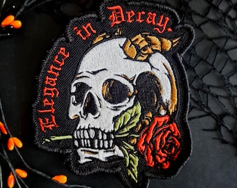 Gothic Skull Rose Embroidered Patch – Romantic Macabre Iron On Patch – Victorian Skull Patch with Rose – Punk Rock Biker Patch - Witchcore
