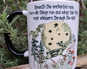 Moon Gazing Hare Mug - Witchy Coffee Mug, Whimsical Enchanted Forest Animal Cup, Nature Inspired Gift, Magical Night Mug, Hare and Moon Mug