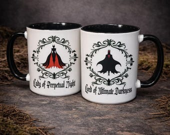 Gothic Couple Mug Set, Lord of Ultimate Darkness,  Lady of Perpetual Night, His & Hers Coffee Cup, Dark Romance Wedding Gift, Gothic Present