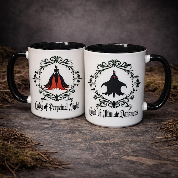 Gothic Couple Mug Set, Lord of Ultimate Darkness,  Lady of Perpetual Night, His & Hers Coffee Cup, Dark Romance Wedding Gift, Gothic Present