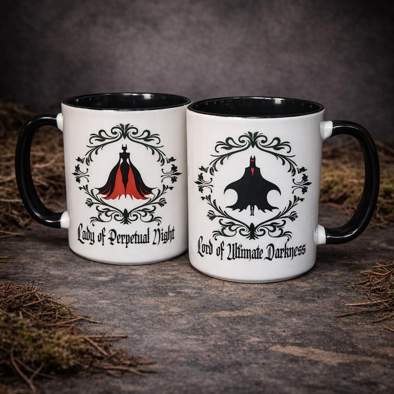 Gothic couple mug set featuring matching designs “Lord of Ultimate Darkness” and “Lady of Perpetual Night”. Styled with a dark, moody aesthetic on a textured stone background. Ideal for gothic gifts, couples presents, and alternative homeware.