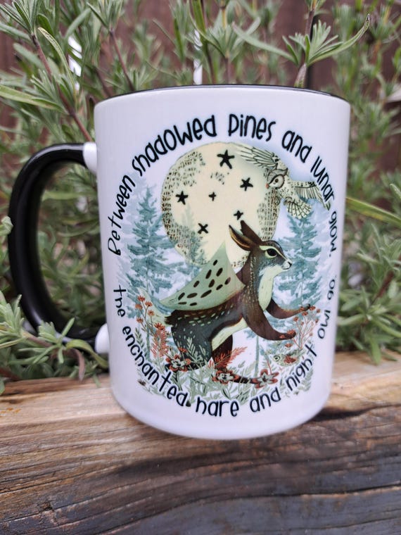 Hare and Night Owl Mug – 11oz Ceramic Lunar Forest Mug, Witchy Moon Mug Gift, Nature Lover Gift, Mystical Woodland Coffee Mug, Cottagecore