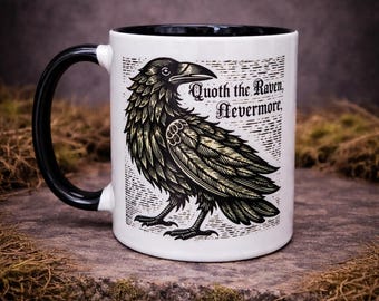 Gothic Raven Mug - Edgar Allan Poe “Quoth the Raven Nevermore”  Woodcut Mug - Gothic Literature  - Horror Poetry Coffee Cup - Witchy Gift