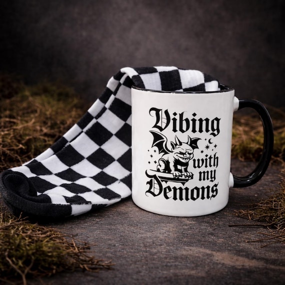 Goth Mug & Socks Gift Set – Vibing with My Demons Cup | Alternative Gift for Birthday, Christmas, Halloween, Gothic Coffee Lovers