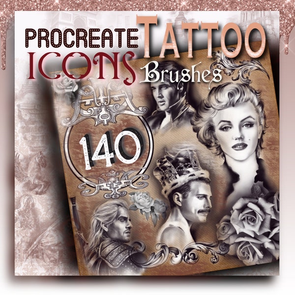 140 Procreate Tattoo Brushes, Vintage Icons, Tattoo Builder, Pop Culture Stamps, Procreate Tattoo Style, Procreate Frame, Pinup brushes