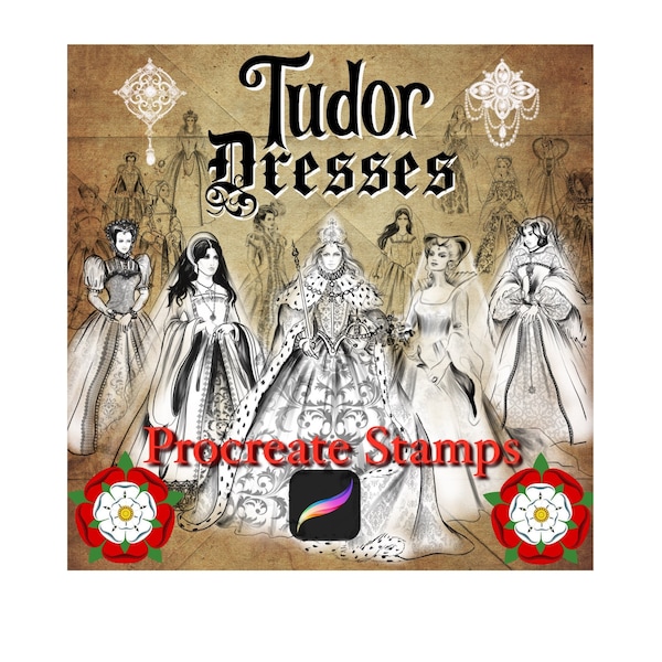 Procreate dress stamp brushes , Procreate clothes stamp , Tudor Dresses, Fashion stamps, procreate brushes, Vintage clothes, Queen Elizabeth