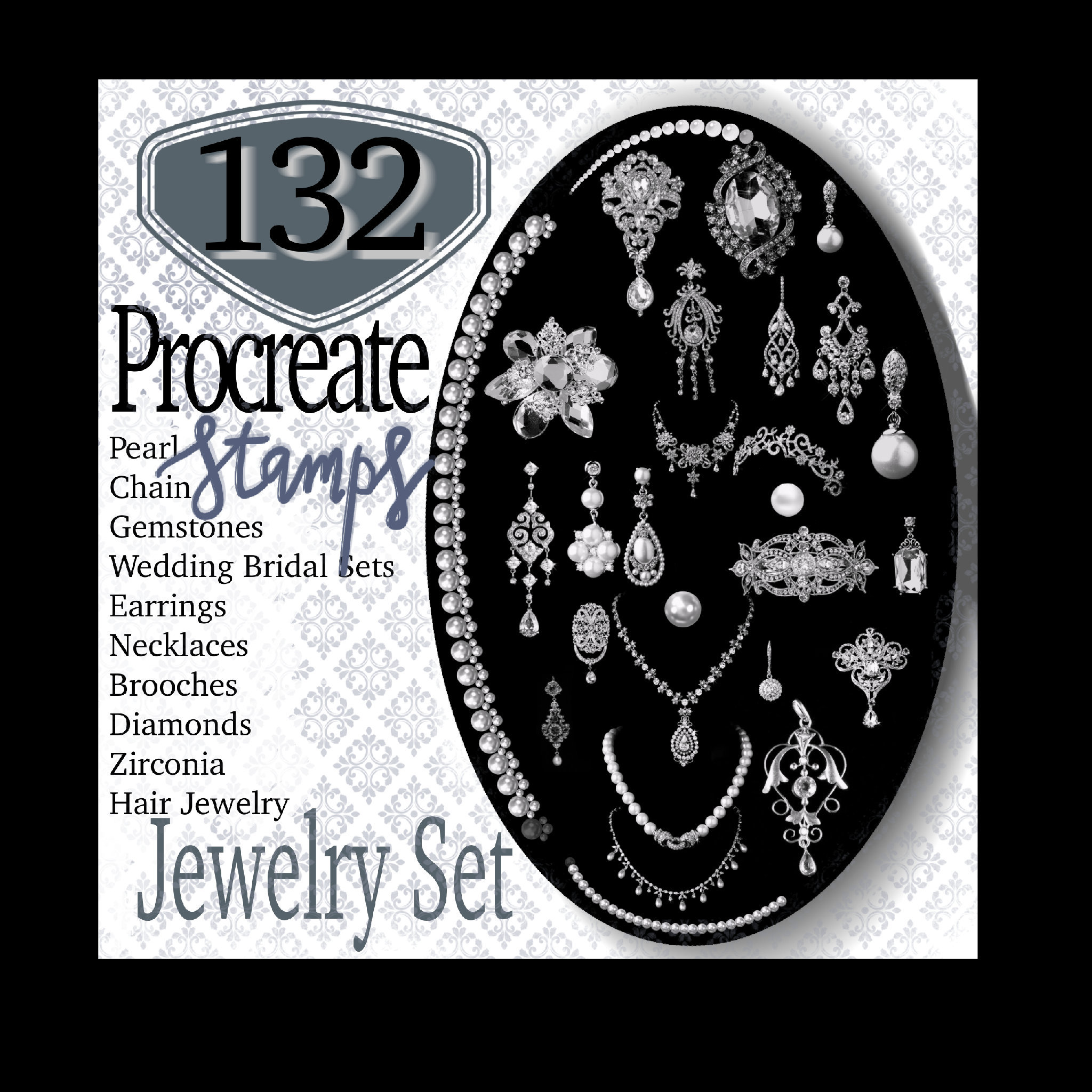 Procreate Jewelry Brushes – 132 Royal Gemstone, Diamond, Chain & Crown Stamp Set