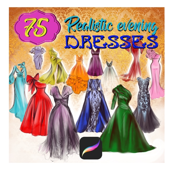 Procreate evening dresses brushes, royal dresses stamps brush, casual procreate dress Stamps