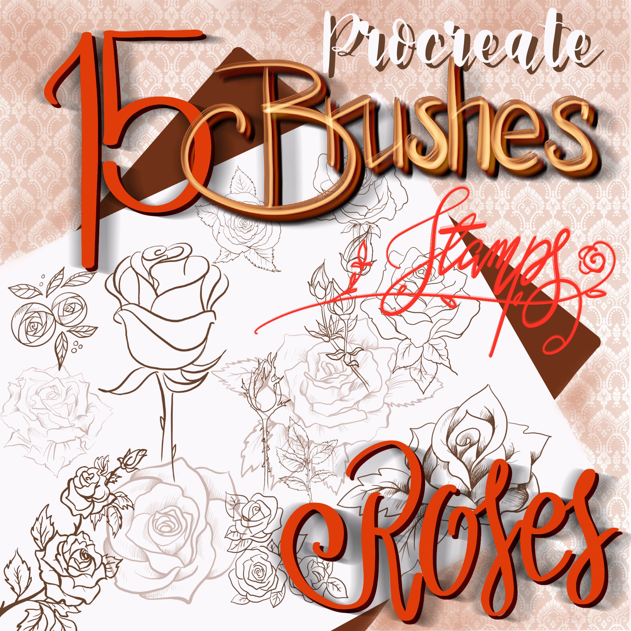 15 Procreate Brushes, Procreate Roses, Procreate Roses Stamp, Procreate Tattoo Style, Roses