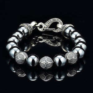 Mens Bracelet Hematite Stone 10MM Beaded Natural Stone Bracelet, Custom made silver lobster claw clasp, Gifts for him, Mens bead bracelet
