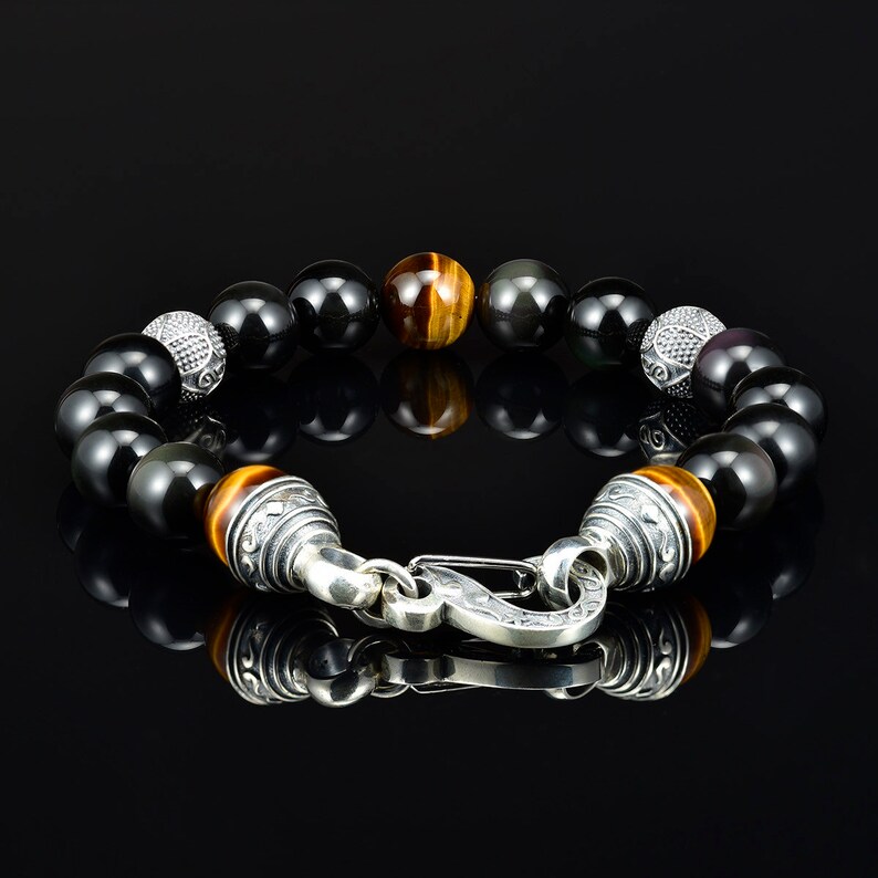 10mm Mens Beaded Bracelet Black Onyx Silver Lobster Claw Clasp Etsy