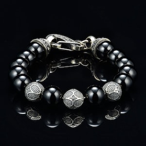 Black Onyx Bead Bracelet On Steel Cable With Custom Silver Clasp and Custom Silver Beads 10mm - AAA Quality