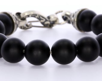Pulsera de cuentas de ónix negro mate en cable de acero con cierre de plata personalizado de 10 mm - Calidad AAA