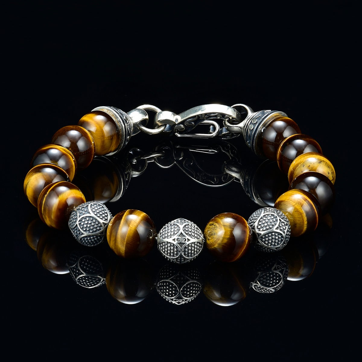 Raykce Braccialetto Occhio di Tigre, Bracciale Uomo Pietre Naturali 10mm, Bracciale Elastico in Pietra di Ossidiana Ematite Naturale con Borsa Portaoggetti in Flanella, Energetici a Tripla Protezione