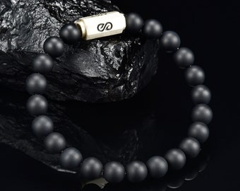 Black  Onyx Mens Bead Bracelet  On Steel Cable With Custom Silver Magnetic Clasp & Custom  8mm - AAA Quality