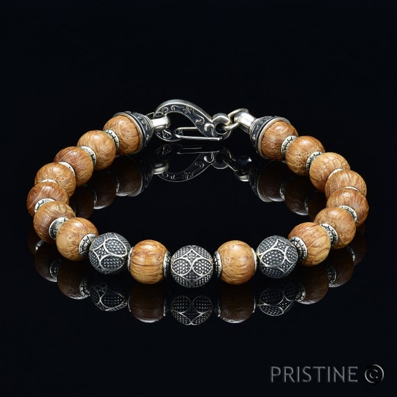 Whisky Barrel Wood Mens Bead Bracelet 10mm White Oak Bourbon Whisky Barrel Wood Silver Beads Silver Hoods Silver Custom Lobster Claw Clasp