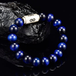 Blue Tiger Eye Mens Beaded Bracelet 10mm Blue Tiger Eye Silver Lobster Magnet clasp