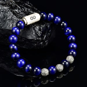 Tiger Eye Mens Bead Bracelet Blue Tiger Eye Steel Cable Custom Silver Magnetic Clasp Custom Silver Beads 8mm - AAA Quality
