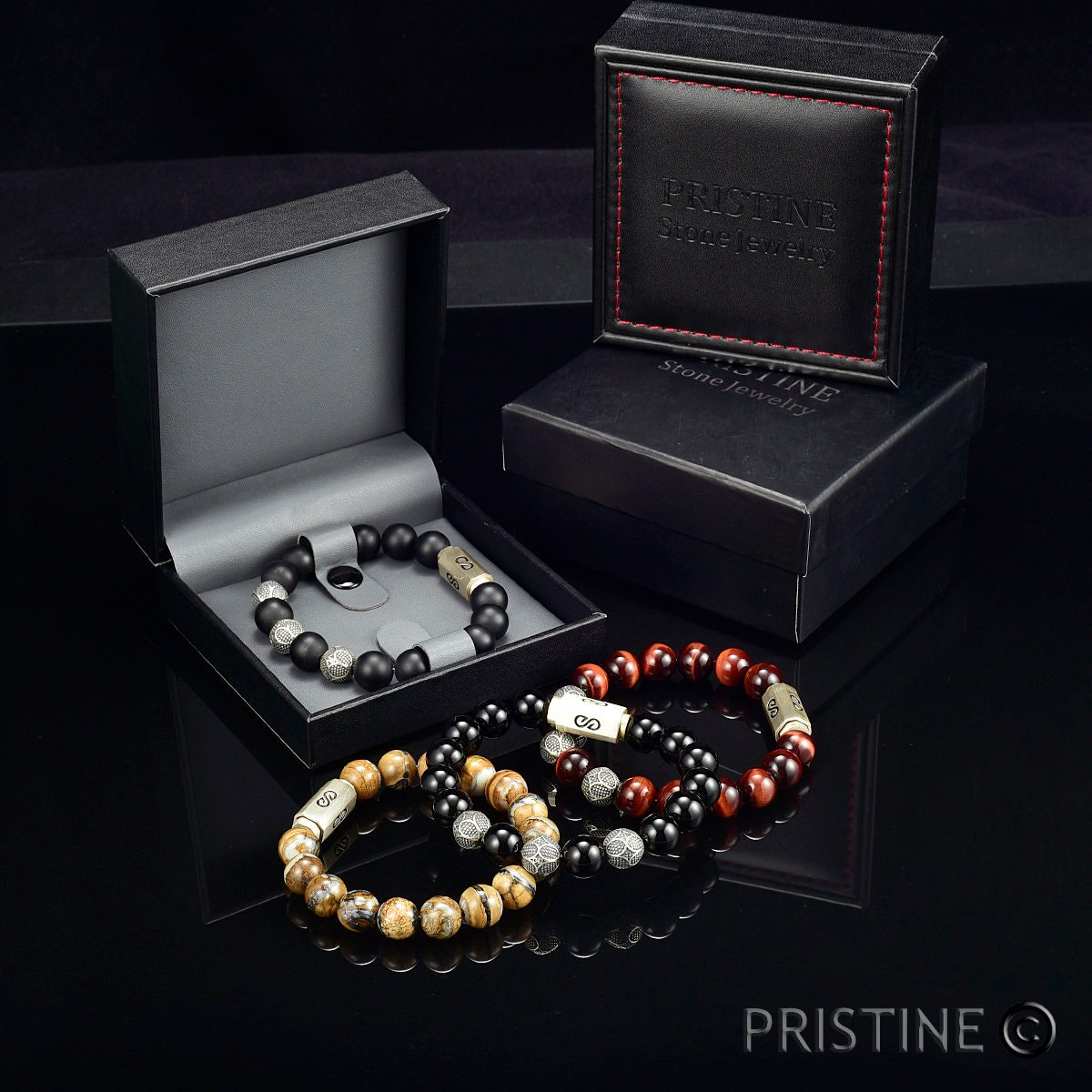 Bracciale Da Uomo Pietre Dure Naturali Onice Nero Ematite E Diaspro Colorato Con Chiusura In Acciaio - Foto 11