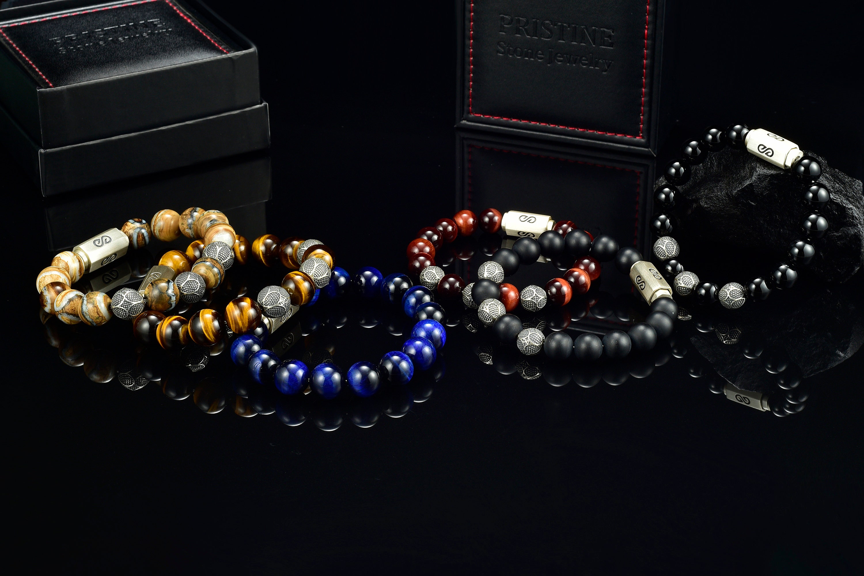 New Two Layers Men's Bracelet - Tiger Eye Stone Beaded Bracelet Black Glass Beads (2U83)
