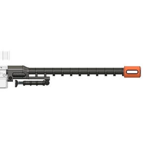 May include: A black and orange rifle barrel with a rail system and an orange tip. The barrel has a series of rectangular vents along its length and a mounting bracket with a small rail. The design is rendered against a white background.