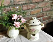 Small ceramic candle warmer with enamel fondue bowl with pink and blue flowers. Romantic for two. Country style VTG 80s RARE