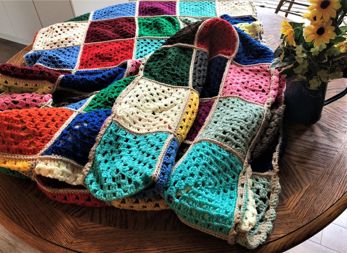 Wool Blanket in Patchwork Style Entirely Handmade knitted by Etsy