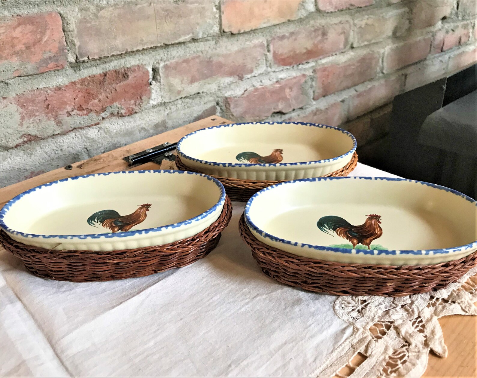 Set of 3 small stoneware gratin dishes with rooster motif. Etsy