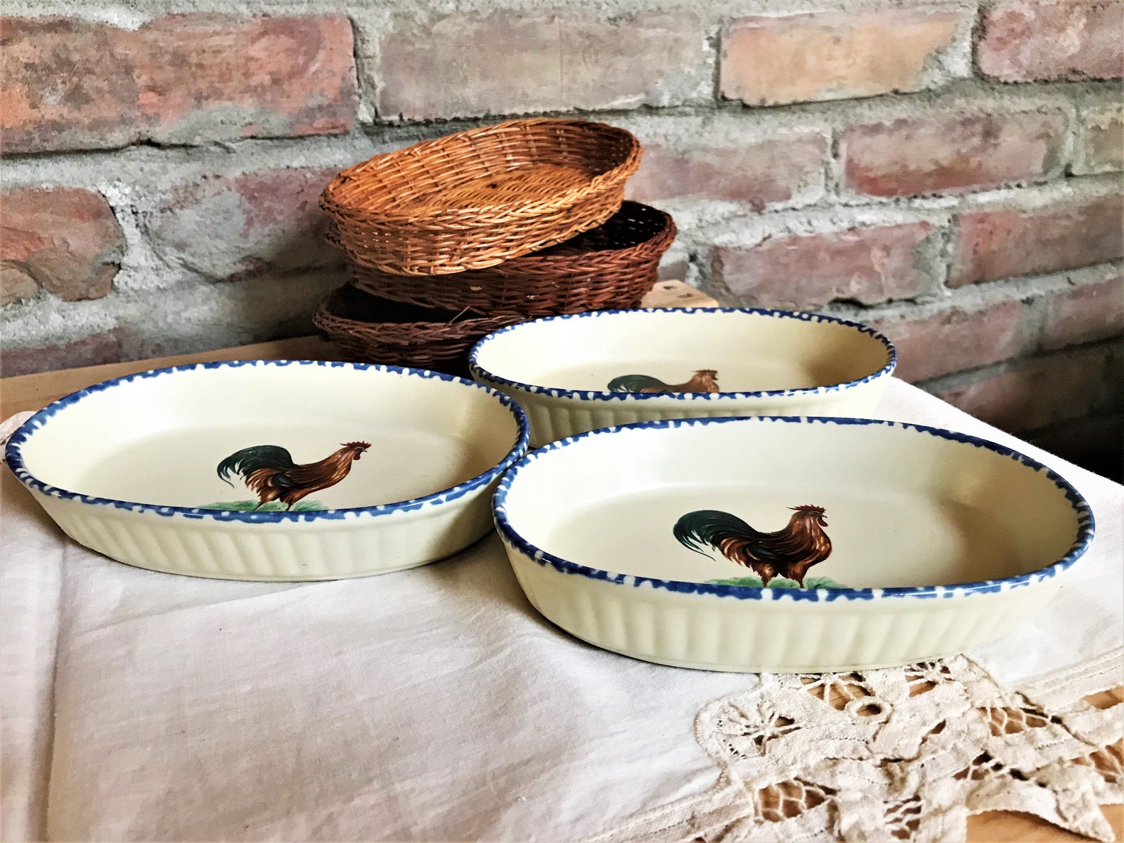 Set of 3 small stoneware gratin dishes with rooster motif. Etsy