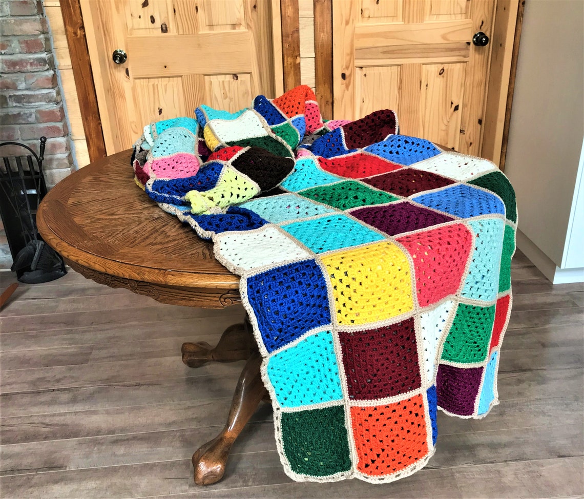 Wool Blanket in Patchwork Style Entirely Handmade knitted by Etsy